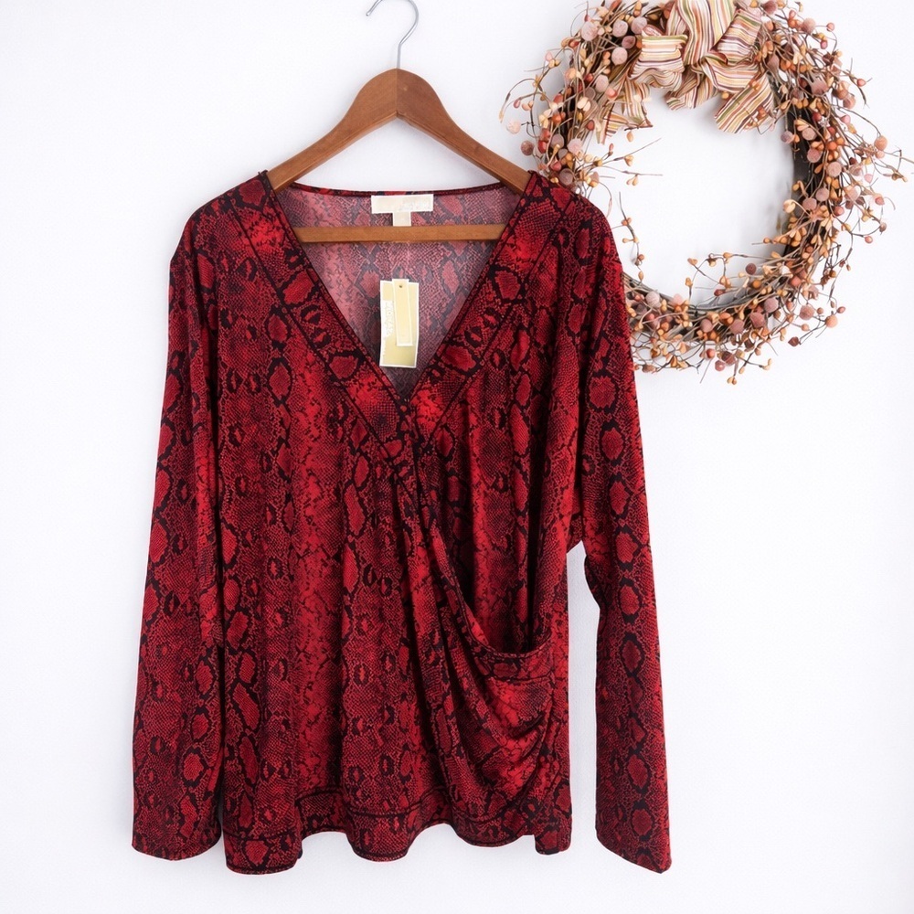 Michael Michael Kors Red Crimson Snakeskin Print Blouse V-Neck Draped Wrap 3X